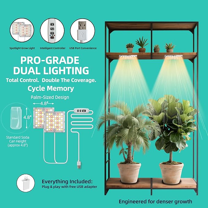 Dual Head LED Grow Light for Indoor Plants Full Spectrum Under Cabinet Plant Light for Shelves High PPFD Spotlight Puck with Timer &amp Dimmer Stick-On Lamp for Succulents Plant Stands &amp Wide