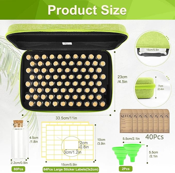 80 Slots Seed Storage Organizer with 40 Seed Envelopes Sturdy Organizer Storage Box with Label Stickers Glass Container for Flower Vegetable Garden Seed Saving (Seeds not Included)