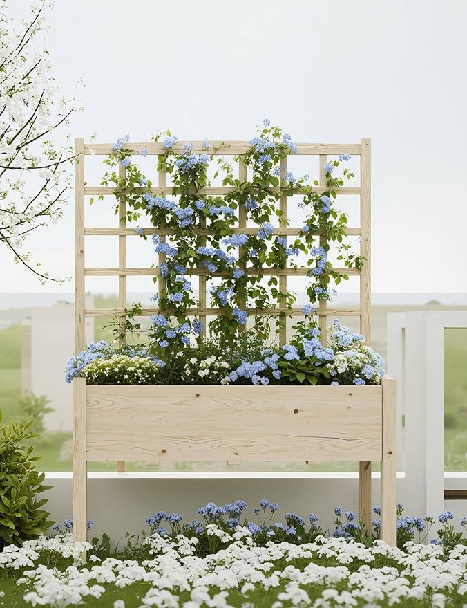 Raised Wooden Garden Bed with Trellis and Legs 65 Tall Elevated Planter Box with Liner Outdoor Patio Balcony Climbing Plants Flowers Vegetables Herbs