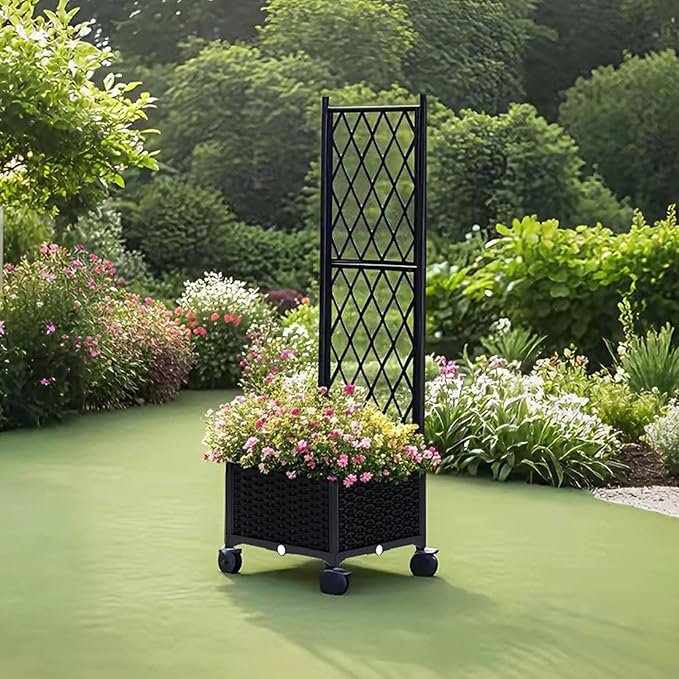 lalahoni Planter with Trellis 4ft Tall Trellis Planter Box with Lockable Wheels for Outdoor Plants Tomato Flower Vegetable Herb Vine Resin Self-Watering Raised Bed with Trellis &amp Drainage Hole