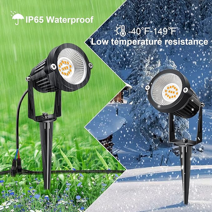 Landscape Lighting Outdoor LED Low Voltage Landscape Lights 7W 900LM Waterproof 12V Garden Lights Flag Landscape Spotlights with Spike Stand Warm White Light (10-Pack with Connector)