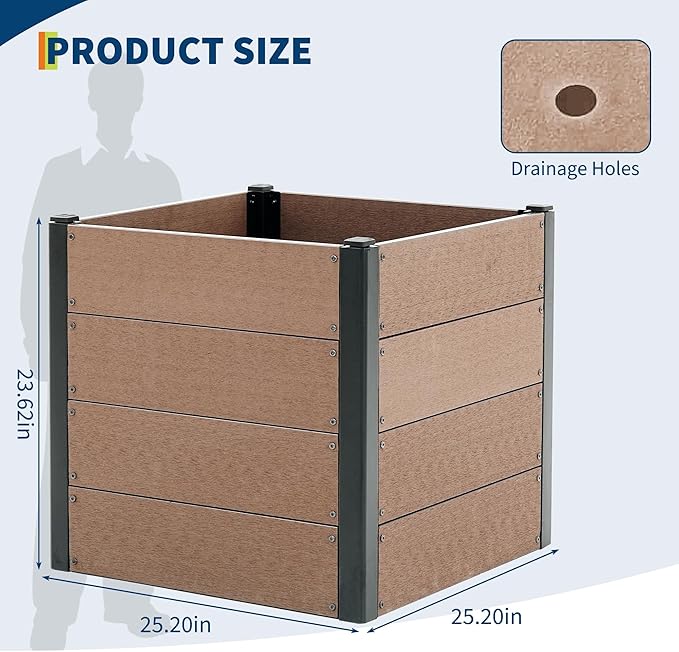 IDEALHOUSE 25.2×25.2×23.6 Raised Garden Bed Wood-Look WPC Composite Planter Box Outdoor Deep Root Design Planter with Metal Frame for Vegetables Flowers Herbs Drainage Holes