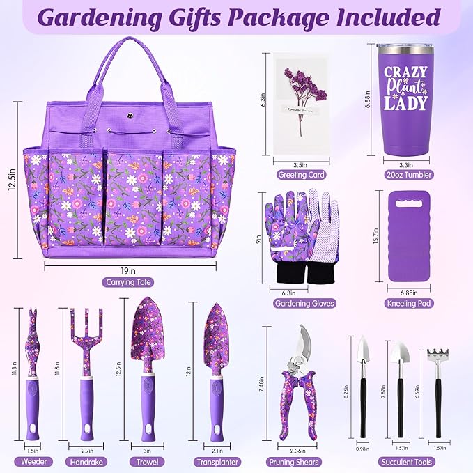 Gardening Gifts for Women Gardening Tools for Women 14 PCS Garden Tools Set Kit with Garden Tool Bag Plant Lover Christmas Mothers Day Birthday Gifts for Mom Grandma Aunt Purple