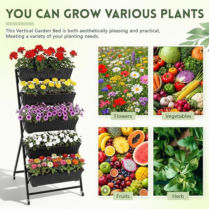 2 Pack 5 Tier Vertical Garden Planter with Wheels 4.5 ft Raised Garden Bed for Strawberry Herb Vegetable Flower Stackable Planter Boxes with Drainage for Patio Indoor Outdoor(Black)