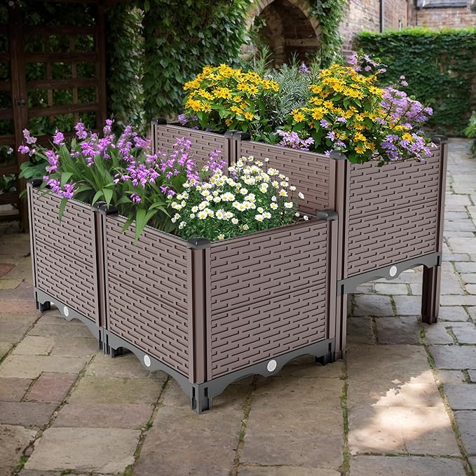 31.5x31.5x19.6in Raised Garden Beds Outdoor Polypropylene Planter Boxes Outdoor for Vegetables Flowers Herbs Garden Box with Drain Outlet Heat and Frost Resistance Planters 440lb Capacity