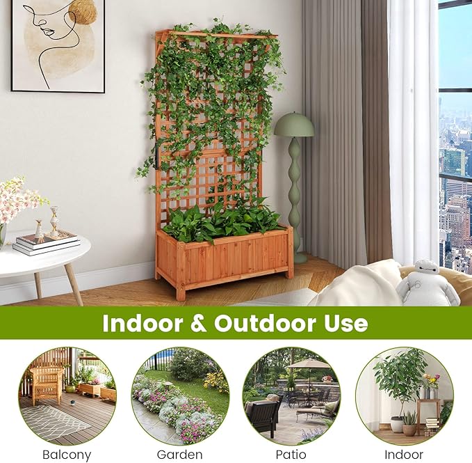HAPPYGRILL Raised Garden Bed with Trellis 72.5 Planter Raised Bed with Drainage Holes Freestanding Garden Box for Vine Climbing Plants Wooden Planter Box for Yard Balcony (1 Orange)