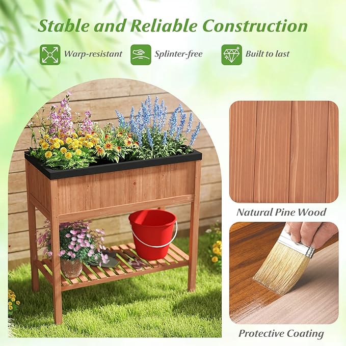2-Tier Wooden Raised Garden Bed Elevated Planter Bed with Legs Liner &amp Storage Shelf for Vegetable Flower &amp Herb Outdoor Gardening Box for Backyard Patio Balcony 220 LBS Capacity