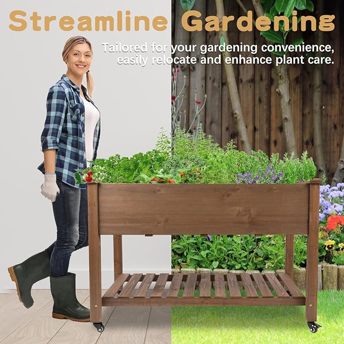 PetsCosset Raised Garden Bed with Wheels Elevated Wooden Planter Box with Bed Liner and Storage Shelf for Vegetables Herbs and Flowers - Brown