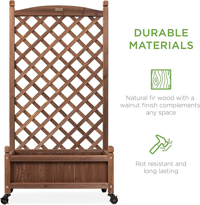 Best Choice Products 60in Wood Planter Box &amp Diamond Lattice Trellis Mobile Outdoor Raised Garden Bed for Climbing Plants w/Drainage Holes Optional Wheels - Walnut