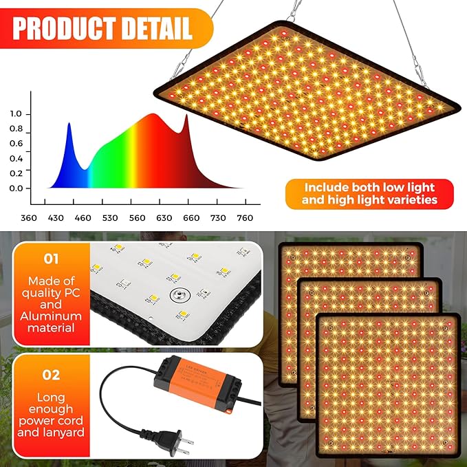 Liliful 4 Pcs Grow Lights Panel 200W Artificial Full Spectrum Grow Lamps with 225 LEDs for Indoor Outdoor Seedling Tent Flowe(Warm White Red)