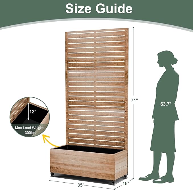 Metal Planter Box with Trellis for Patio Outdoor Raised Garden Beds with Privacy Screen Wheels Drainage Holes (35 L Brown Oak Grain)