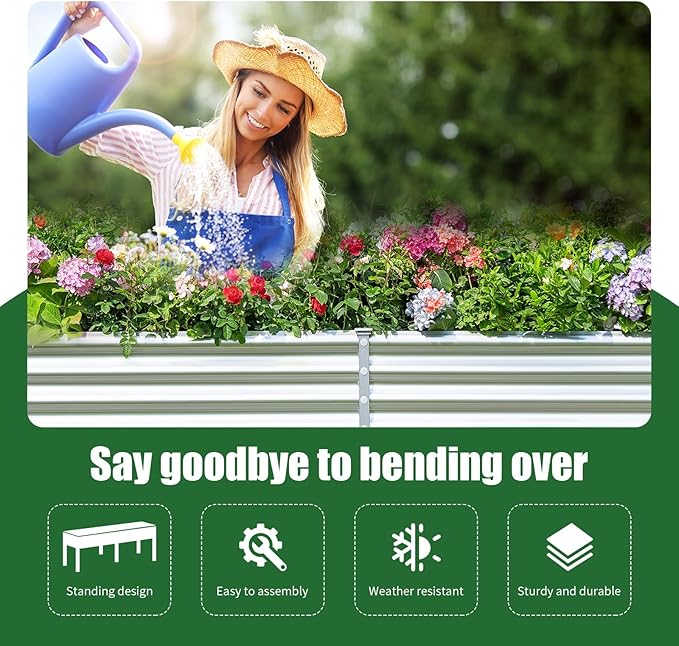 Land Guard Galvanized Raised Garden Bed with Legs 96×24×32in Raised Garden Beds Outdoor with Drainage Holes Planter Boxes Outdoor for Backyard Patio Balcony 1200lb Capacity Silver