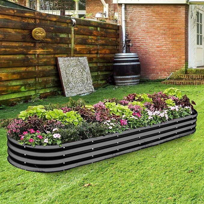 Land Guard 8×2×1ft Galvanized Raised Garden Bed Kit 108 Gallon Capacity Raised Garden Boxes Outdoor Oval Metal Raised Garden Beds for Vegetables Gray(with 10 Connecting rods)