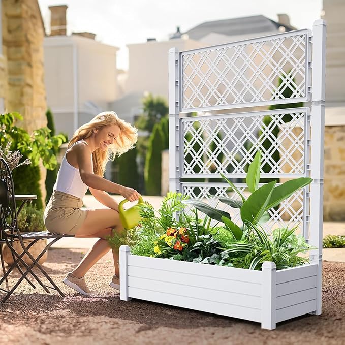 Raised Garden Bed with Trellis for Climbing Plants Outdoor Planter Box with Drainage Eco-Friendly Material for Patio Balcony Yard Dust-Resistant (Ashen43.43 * 18.27 * 59.29)