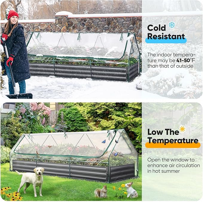 Quictent Raised Garden Bed Galvanized Raised Beds for Gardening Vegetables with Cover 8x4x1 ft Metal Planter Box Outdoor Use (Clear)