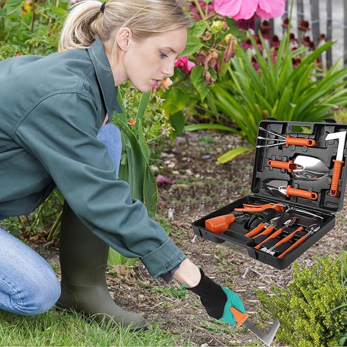 Gardening Tool Set 11 Pieces Gardening Tools with Carrying Case Garden Tool Kit for Digging Planting Pruning Unique Gardening Set with Gloves for Women and Men (Orange)