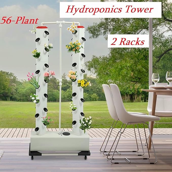 Indoor Hydroponics Growing System Kit - 2-Tier 56-Plant Hydroponic Tower with Breeding Sponges Seed Trays Water Pump for Gardening-