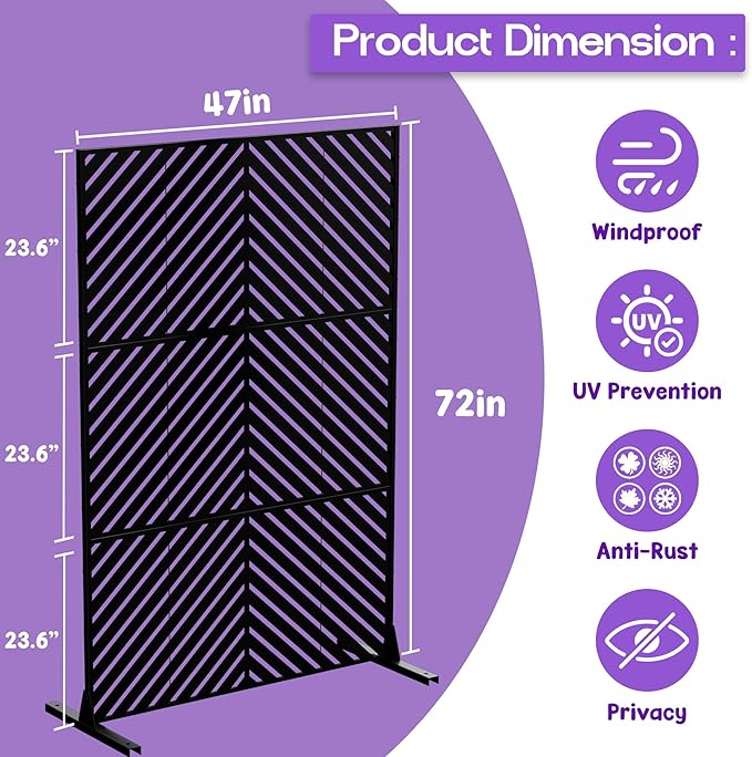 Metal Privacy Screen 72 H x 47.2 Decorative Outdoor Privacy Screen Privacy Panel with Stand for Balcony Deck Patio Lawn Garden Privacy Fence (Black-Arrow)