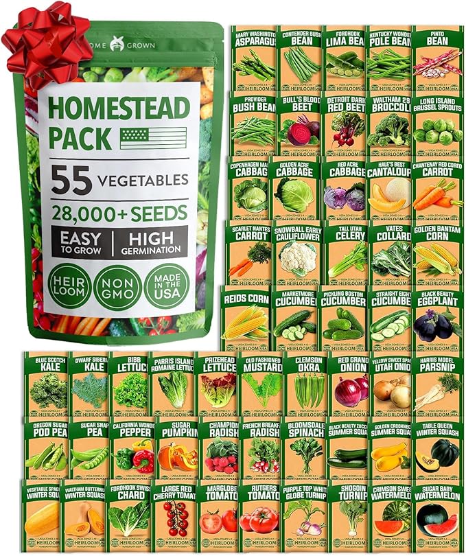 HOME GROWN 55 Vegetable Seeds Pack 28000+ Non-GMO Heirloom Seeds for Planting Vegetables Survival Seed Vault Garden Kit for Spring Fall Winter Gift for Gardeners