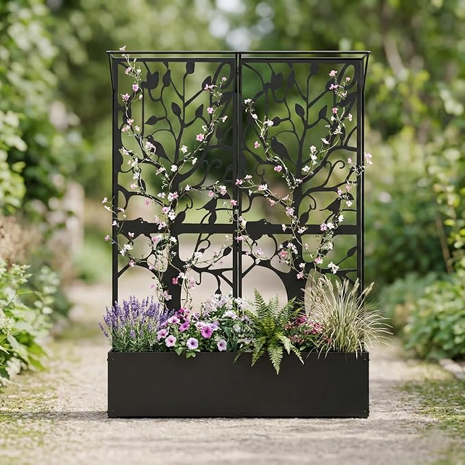 Metal Planter Box with Trellis Outdoor Privacy Planters for Patio Tall Raised Garden Bed for Climbing Plants Vegetables Fruits Balcony Outside 62.4 x 12.2 x 44.6 Inch Black