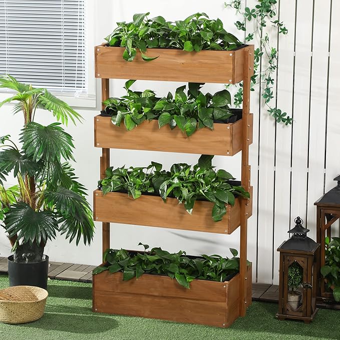 Vertical Wooden Garden Planter - 4 Tier Raised Bed with Self-Watering &amp Adjustable Angle for Herbs Flowers and Vegetables - Orange