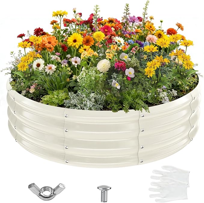 4FT Diameter Galvanized Garden Raised Bed/Plant Box/Fire Pit Ring - 0.8mm Thick12 Inch TallPerfect for Planting a Variety of FlowersHerbsVegetables (Cream White 48 Dia X 12inches)
