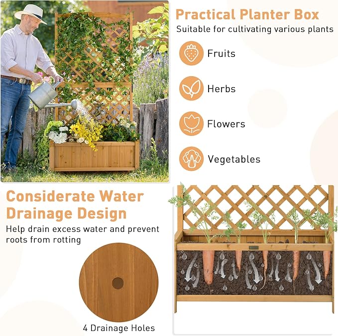 Wooden Planter Box with Trellis 71” Freestanding Garden Planter w/Lattice Panel &amp Drainage Holes Indoor &amp Outdoor Raised Garden Bed with Trellis for Vine Climbing Plants (2)
