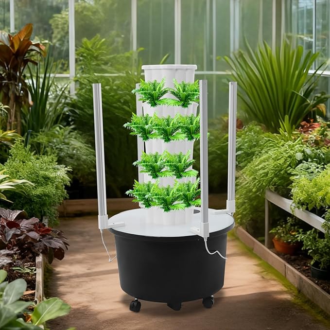 4-Tier Hydroponic Tower Garden - 24 Planting Holes Vertical Growing System with LED Grow Lights 10.5Gal Water Tank - Indoor Outdoor Herb Vegetable Planter with Lockable Wheels for Home Kitchen Garden