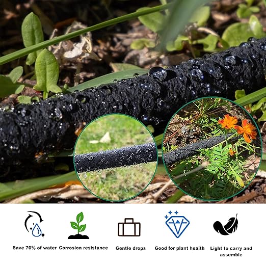 Customizable Soaker Hose System 1/2inch 50ft Rubber Hose with 25ft PVC Garden Hose Drip Irrigation Watering Hose with Reinforced Fittings for Flowers Bed Foundation Lawn Vegetable Tree