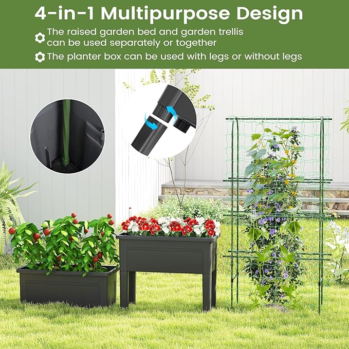 Giantex Raised Garden Bed with Legs &amp Trellis for Climbing Plants Self-Watering Planter Box w/Water Level Gauge for Vine Flower Herb Vegetable (29.5x13.5x76)