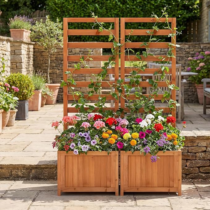BECOMFORT 48”H Raised Garden Bed with Trellis Fir Wood Planter Box with Drainage Holes &amp Gaps for Climbing Plants Vegetables &amp Flowers Outdoor Privacy Planters for Patio Balcony Yard