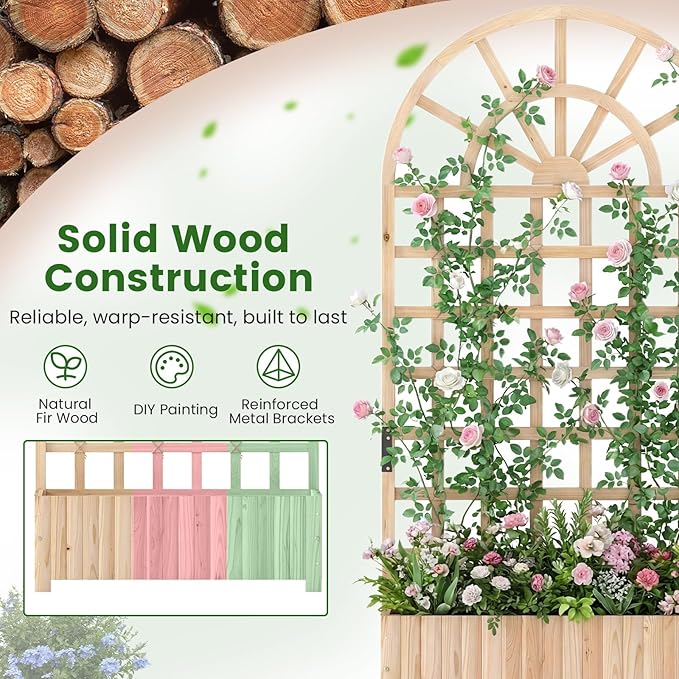 Happygrill Wooden Raised Garden Bed with Trellis Outdoor Planter Box with Drainage Holes Privacy Screen Natural Fir Wood Elevated Garden Bed for Climbing Plants Flowers (2 Natural 36''x12''x71'')