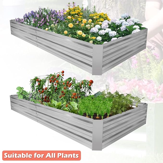 HKLGorg Galvanized Raised Garden Bed 8 x 4 x 1ft Galvanized Planter Large Metal Planter Box Raised Garden Bed for Flowers Vegetables and Fruits Rustproof Planter Box with No Bottom Silver