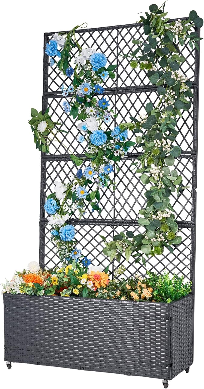 GENMOUS 72in/5.9ft Metal Raised Garden Bed with Trellis Planter Box Trellis with Wheels for Vine Climbing Plants Trellis with Drainage Holes for Flowers Vegetables in Garden Patio Balcony （Black）