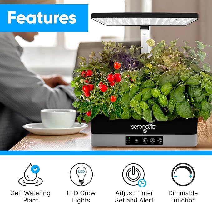 SereneLife Smart Starter Kit-Hydroponic Herb Garden Indoor Plant System w/Height Adjustable LED Grow Lights 6 pods 3 Modes-Home Kitchen Bedroom Office SLGLF130 (Black)