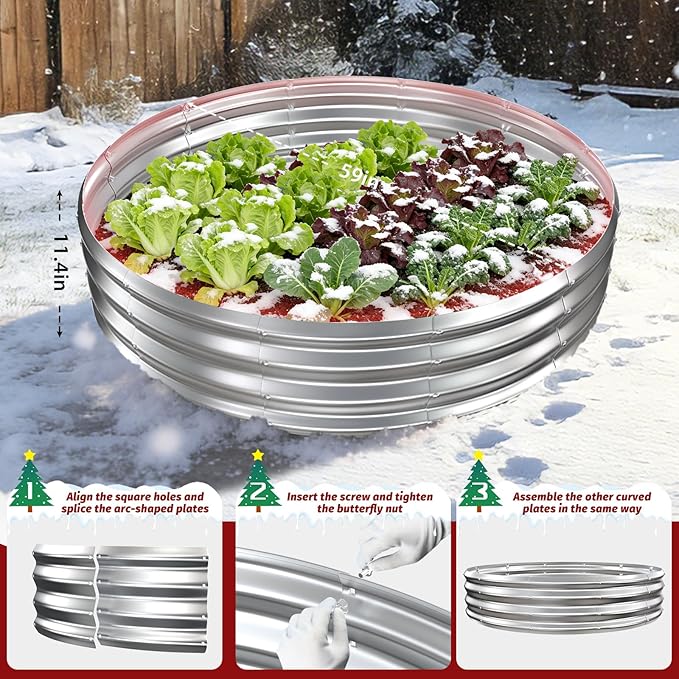 12 Inch Tall Heavy-Duty Round Steel Rised Garden Bed – Wave-Shaped Design Galvanized Metal Planter Box for Vegetables Flowers Succulent at Patio/Garden Outdoor (Silver 60 Diameter)