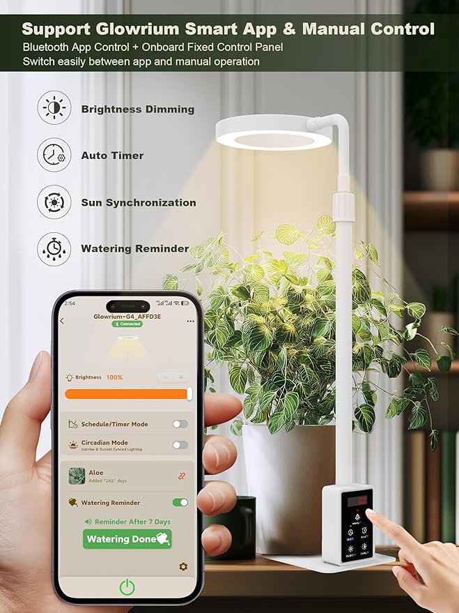GLOWRIUM Smart LED Grow Lights for Indoor Plants G4 12W Full Spectrum 3500K with Grow lamp Bluetooth App Control 10-Level Dimming Gooseneck Height Adjustable 16-23 Auto Timer (White 12W)