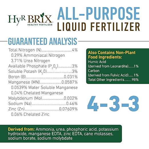 HyR BRIX All-Purpose Liquid 4-3-3 Fertilizer 32oz Bottle - Fast-Acting Plant Food with Micronutrients Humic &amp Fulvic Acids - Ideal for Vegetables Flowers Fruits &amp Houseplants