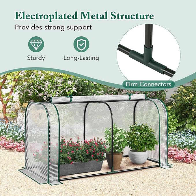 Raised Garden Bed with Greenhouse Waterproof Sun-Protective Green House with Roll-Up Door &amp Electroplated Metal Frame Pine Wood Elevated Planter Box with Drainage Holes(White+Natural)