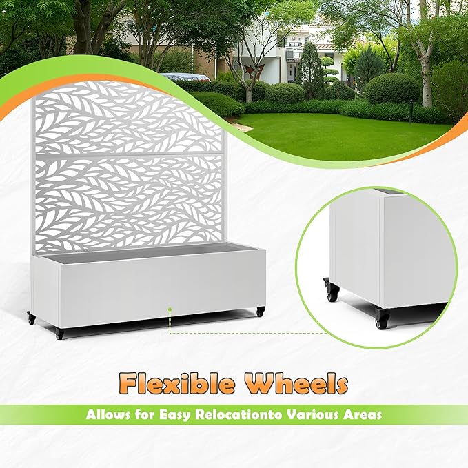 Metal Raised Garden Bed with Trellis 2-in-1 Planter Box &amp Privacy Screen for Climbing Plants Outdoor Standing Flower Bed with Drainage Holes 47.2 L x 16.7 W x 70.8 H White-Spring
