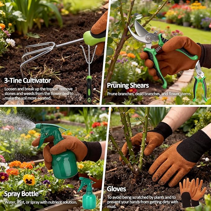 Gardening Tools SetOPPSIUE 9 Pcs Heavy Duty Stainless Steel Gardening Hand Tool Kit with Rubber Non-Slip Handlewith Shoulder Crossbody/Tote BagIdeal Gifts for Women and Men