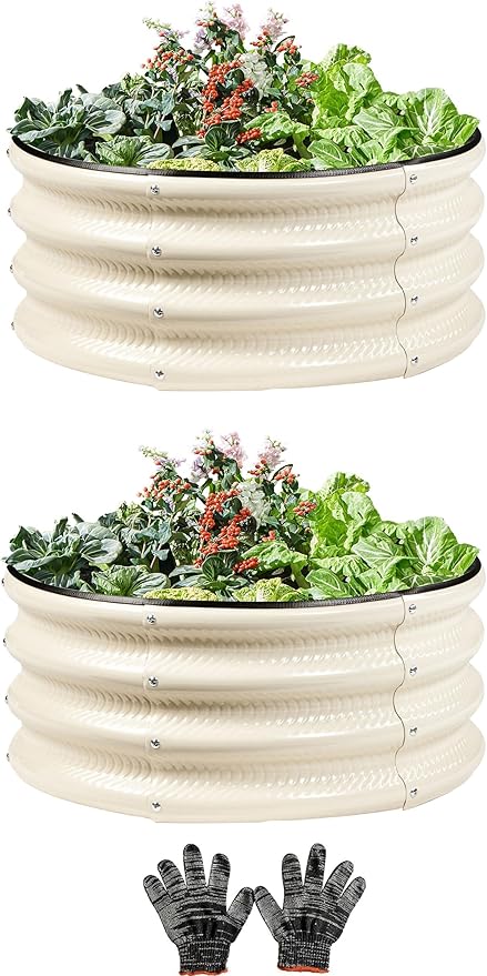 2 Pcs 2x2X1 ft Metal Galvanized Round Raised Garden Bed Kit Outdoor Cream White Planter Garden Bed Raised Box for Vegetables Fruits Flowers &amp Herbs