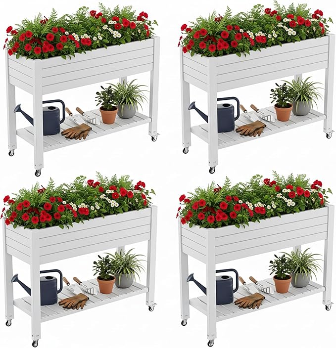2.8' Height Elevated Raised Garden Bed Outdoor with Wheels Easy Assembly Resin Planter Box for Vegetables/Herb/Fruits Best Choice for Backyard Patio Balcony (Ashen) 4pc