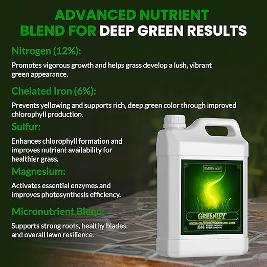 Humboldts Secret Greenify | 12-0-0 Nitrogen &amp 6% Iron Liquid Lawn Fertilizer Concentrate | Chelated Iron Supplement for Healthy Grass Turf and Garden Growth | 1 Gallon Refill for Healthy Growth