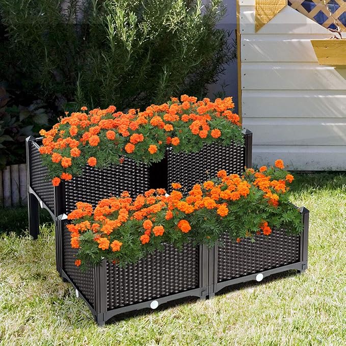 S AFSTAR Raised Garden Bed Kit Set of 4 Elevated Planter Boxes with Self-Watering Design &amp Removable Legs Outdoor Plastic Planter Box for Patio Yard Balcony Gardening Rattan Pattern (Brown)