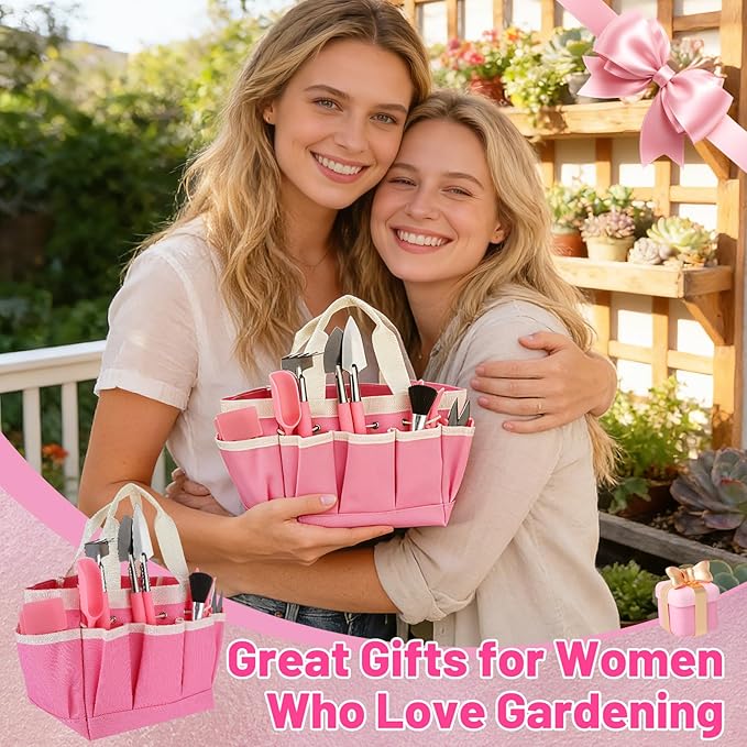 44pcs Small Gardening Tools Gifts for Women Beginners - Garden Hand Tools Set for Indoor Succulent Bonsai Plants Transplanting Included Bag/Repotting Mat/Shovel/Labels Pink