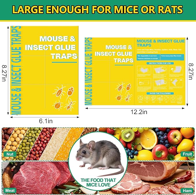 12 Pack Sticky Mouse Traps Sticky Traps for Rats Mice Rodents Snakes No Touch Indoor Mouse Traps for Home Kitchen Garage Attic Basements Easy to Set Yellow