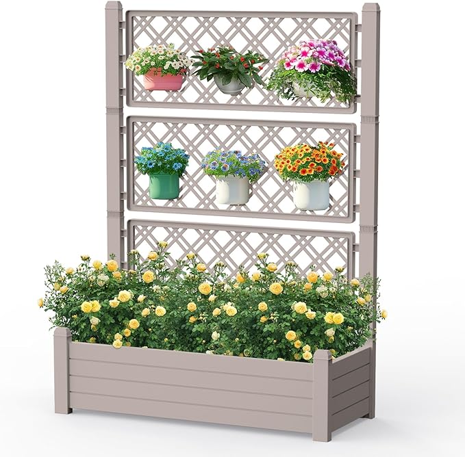 43.43×18.27×59.29IN Resin Planter Raised Beds with SteelsRaised Garden Bed Outdoor Waterproof &amp UV ResistantElevated Garden Beds for BackyardPatio &amp Balcony(Grey)