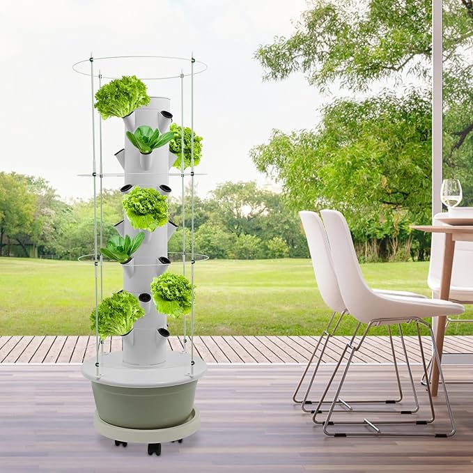28-Plant Hydroponic Growing Tower 7-Tier Indoor Vertical Garden System with Climbing Trellis Hydroponic Tower Kit with Automatic Water Circulation Pump and Timer for Home Balcony &amp Office