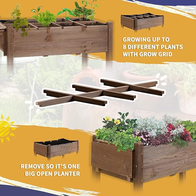 Raised Garden Bed with 8 Grow Grids Wooden Outdoor Planter Box with Wheels &amp Folding Side Table Self-Draining Elevated Plant Box for Vegetables Flowers Herbs 49 x 21 x 34 Brown